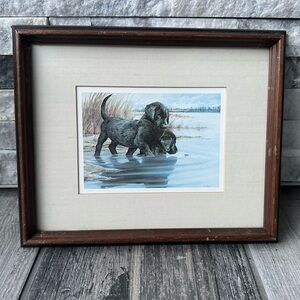 Vintage Tara Moore Lab Pups Framed Print 2 Labrador Puppies and water bug Signed